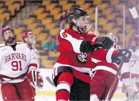  ?? BILLIE WEISS/GETTY IMAGES ?? Northeaste­rn’s Adam Gaudette reacts after scoring against Harvard in 2016. Gaudette compiled 52 points in 37 NCAA games, good enough for ninth overall in Division I play, the elite hockey league in the United States. He was taken 149th overall by the...