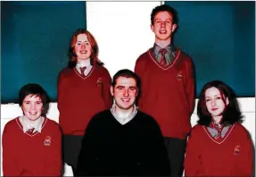  ??  ?? The 1996 debating team of Roisin Lucey, Kerri Haughton, Patricia Corkery and Darren Curtis with teacher Mr Ger O’Sullivan.