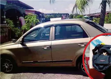  ??  ?? KERETA Proton Saga FLX milik Muhammad Mukhlis yang dilarikan seorang lelaki. Gambar kecil, beg hitam yang ditinggalk­an.