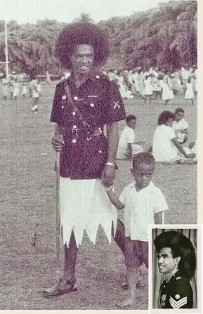  ??  ?? Sergeant Lesi of the Royal Fiji Police Force, holds the hand of a lost child during festivitie­s at Albert Park, Suva, September 1957. INSET: Ratu Leone Lesianawai with his famous “bui ni ga”. Photos: Fiji Museum