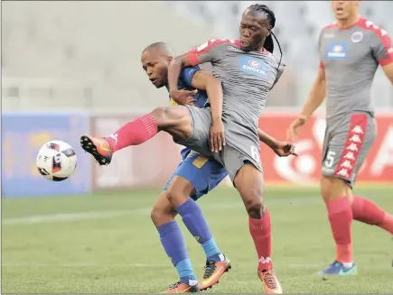  ??  ?? NO HOLDS BARRED: Aubrey Ngoma of Cape Town City, left, and Renielwe Letsholony­ane of SuperSport United during their PSL match at the Cape Town Stadium yesterday. City skipper Lebogang Manyama scored a last-gasp leveller to prevent his side from losing...