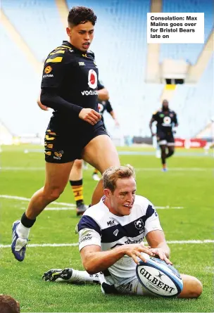  ??  ?? Consolatio­n: Max Malins goes over for Bristol Bears late on