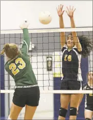  ?? / Scott Herpst ?? Oakwood Christian Middle School volleyball player Mana Gilchrist goes up to try and block a shot during a match against Silverdale Baptist last week. The Lady Eagles picked up their first two wins of 2019 back-to-back against OLPH and Lookout Valley late last week.