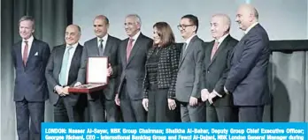  ??  ?? LONDON: Nasser Al-Sayer, NBK Group Chairman; Shaikha Al-Bahar, Deputy Group Chief Executive Officer; Georges Richani, CEO - Internatio­nal Banking Group and Fawzi Al-Dajani, NBK London General Manager during the gala dinner in London.