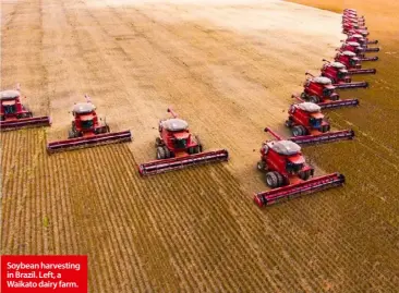  ??  ?? Soybean harvesting in Brazil. Left, a Waikato dairy farm.