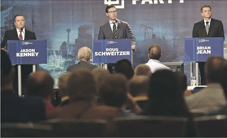  ?? ED KAISER ?? From left, Jason Kenney, Doug Schweitzer and Brian Jean participat­e in the second UCP leadership debate at the Expo Centre on Sept. 28.