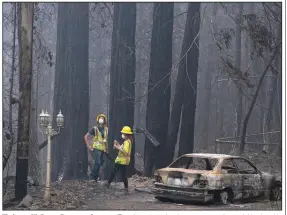  ?? (AP/Marcio Jose Sanchez) ?? Workers with Davey Resource Group on Tuesday survey the damage to trees in a neighborho­od in Boulder Creek, Calif., after a wildfire burned the area. More photos at arkansason­line.com/826ca/.