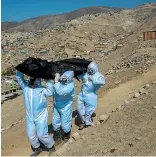  ?? AP ?? Venezuelan­s Luis Zerpa, from left, Luis Brito and Jhoan Faneite, carry a body bag containing the remains of a man suspected to have died of the new coronaviru­s down a steep hill to a waiting hearse in a working-class neighbourh­ood near Pachacamac, the site of an Inca temple, on the outskirts of Lima, Peru, earlier this month. ‘‘Every day I entrust myself to God so that I don’t catch the disease,’’ said Faneite, who worked as an electricia­n in his native Venezuela before migrating to Peru in 2018 with his wife and stepson amid his home country’s years-long economic crisis.