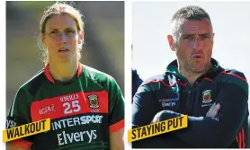  ??  ?? Star player Cora Staunton Mayo manager Peter Leahy WALKOUT STAYINGPUT