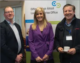  ??  ?? Brendan Foley from Mallow; Cork GAA All-Star Bríd Stack; and Tim Sheehan from Killavulle­n taking a coffee break during the LEO event at the Carrigoon Complex in Mallow.