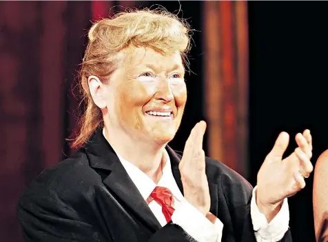  ??  ?? Meryl Streep, dressed as Donald Trump, sang Brush Up Your Shakespear­e from the musical Kiss Me, Kate at the Shakespear­e in the Park event in New York on Monday