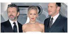  ??  ?? Sheen with Jennifer Lawrence and Chris Pratt at the premiere of Passengers