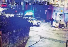  ??  ?? CCTV: The silver Audi comes at speed behind Stephen Marron’s parked blue Skoda, hitting it and spinning it around, then crashing into a pole before gardaí arrive