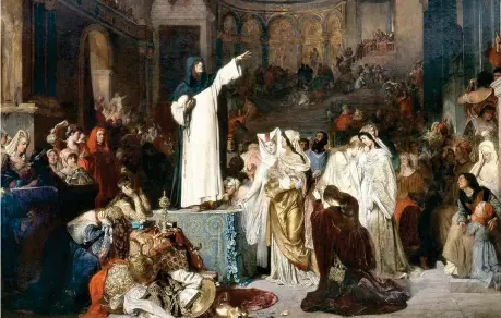  ??  ?? Savonarola predica contro il lusso e la prodigalit­à, un dipinto realizzato nel 1879 dall’artista tedesco Ludwig von Langenmant­el (1854-1922)