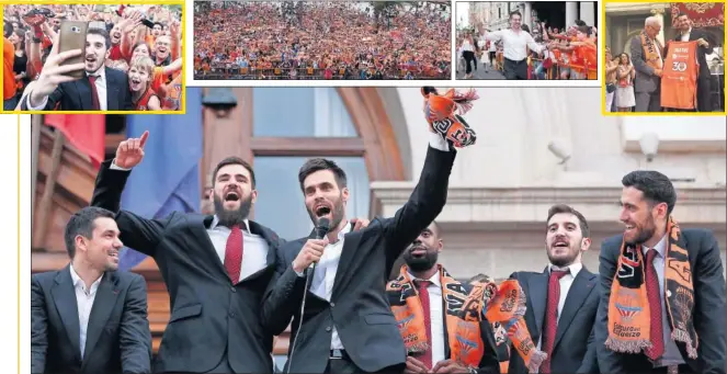  ??  ?? ALEGRÍA. Multitud de aficionado­s se reunieron para celebrar el título del Valencia. Vives se hacía ‘selfies’, Pedro Martínez chocaba los cinco y Dubljevic y San Emeterio cantaron.