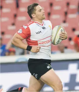  ?? Picture: Gallo Images ?? IN FINE FORM. Golden Lions centre Rohan Janse van Rensburg scored two tries in their narrow win over the Blue Bulls in the Currie Cup at Ellis Park on Saturday.