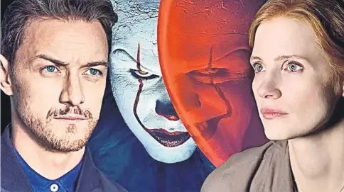  ??  ?? Bill Skarsgard as the murderous clown Pennywise and Jessica Chastain in ‘It: Chapter 2’.