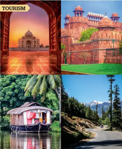  ??  ?? (Clockwise from top) Taj Mahal in Agra, Red Fort in Delhi, Manali in Himachal Pradesh and houseboats in Kerala are popular among Emiratis.