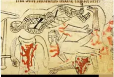  ??  ?? A manuscript depiction of Simon de Montfort’s mutilated corpse. This grizzly fate awaited many of Edward’s enemies