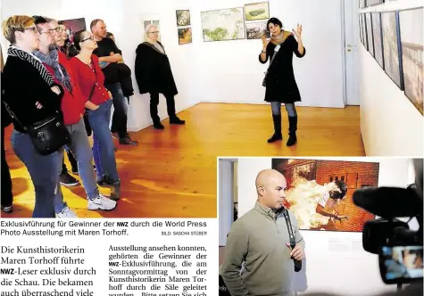  ?? BILD: SASCHA STÜBER BILD: CHRISTIAN J. AHLERS ?? Exklusivfü­hrung für Gewinner der Ð durch die World Press Photo Ausstellun­g mit Maren Torhoff. Preisträge­r Ronaldo Schemidt gab vor der Vernissage zahlreiche Interviews.