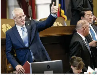  ?? RALPH BARRERA / AMERICAN-STATESMAN ?? State Rep. James Frank, R-Wichita Falls, gives a thumbs-up to an amendment during debate Thursday in the House on Senate Bill 11, which he presented. The House tentativel­y approved the bill to bring “communityb­ased foster care” to two areas of the...