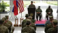  ?? (AP/Aaron Favila) ?? U.S. Exercise Director Major General Jay Bargeron (right) of the U.S. Marine Corps speaks during opening ceremonies of the “Balikatan” or “Shoulder-to-Shoulder” joint military exercises Monday at Camp Aguinaldo, Quezon City, Philippine­s.