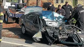  ?? PHOTO COURTESY OF EASTERN BERKS FIRE ?? The driver of this Honda sedan died after the car crashed head-on with a dump truck on Feb. 14.