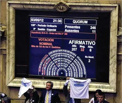  ?? AFP ?? Votación de la nacionaliz­ación de la petrolera YPF en mayo de 2012 en el Parlamento argentino.