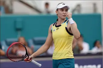  ?? LYNNE SLADKY — THE ASSOCIATED PRESS ?? Elena Rybakina, of Kazakhstan, reacts after defeating Victoria Azarenka, of Belarus, during a semifinal match at the Miami Open tennis tournament, Thursday, March 28, 2024, in Miami Gardens, Fla.