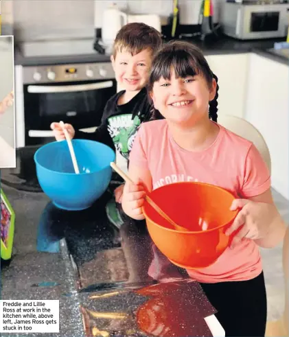  ??  ?? Freddie and Lillie Ross at work in the kitchen while, above left, James Ross gets stuck in too