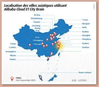  ??  ?? Localisati­on des villes asiatiques utilisant Alibaba Cloud ET City Brain