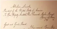  ??  ?? ■ A letter written by U.S. President Abraham Lincoln in 1862 replying to Thailand’s King Mongkut is on display at the exhibition “Great and Good Friends” inside Grand Palace in Bangkok, Thailand.