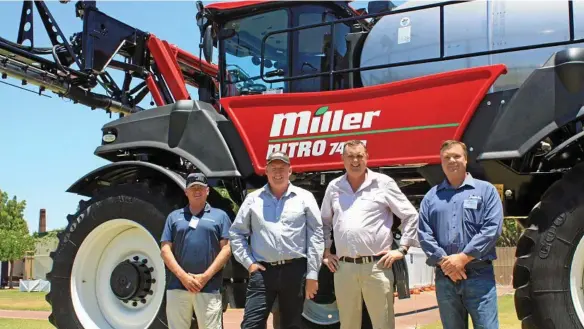  ??  ?? McIntosh &amp; Son Dalby sales representa­tive Terry Clarke, McIntosh Distributi­on Miller sales representa­tive (New South Wales and Queensland) Scott Jameson, Ross Cheshire, McDonald Murphy Bundaberg, and Adam Cropper, SprayerBar­n Dubbo, pictured with the new Miller Nitro 7420 front-mounted sprayer.