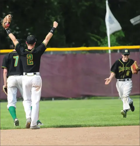  ?? Photo by Ernest A. Brown ?? North Smithfield freshman outfielder Ethan Lussier (21, right) catches a ball to end Saturday’s Division III final against Mt. Pleasant. Junior Michael deRonde (2), senior Adam Blakemore (7) and the No. 1 Northmen forced another title game today at McCarthy Field with Saturday’s 13-7 victory.