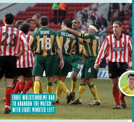  ??  ?? Above Colin’s Blades were just aggravated by the Throstles’ horrifying away kit of 2001- 02