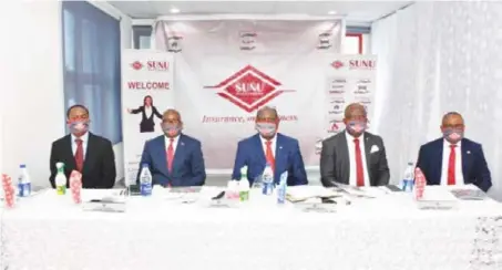  ??  ?? L-R: Olanrewaju Ogunbanjo, non-executive director, SUNU Assurances Nigeria Plc; Adeleke Hassan, executive director; Samuel Ogbodu, managing director; John Akujieze, company secretary; and Akeem Adamson, chief finance officer during the Company’s Annual General Meeting in Lagos.