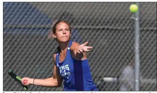  ?? (NWA Democrat-Gazette/J.T. Wampler) ?? Rogers High junior Grace Lueders and teammate Jenna Kate Bohnert won their second consecutiv­e Class 6A state and Overall championsh­ips, although they needed a third set to come from behind and win the Overall title.