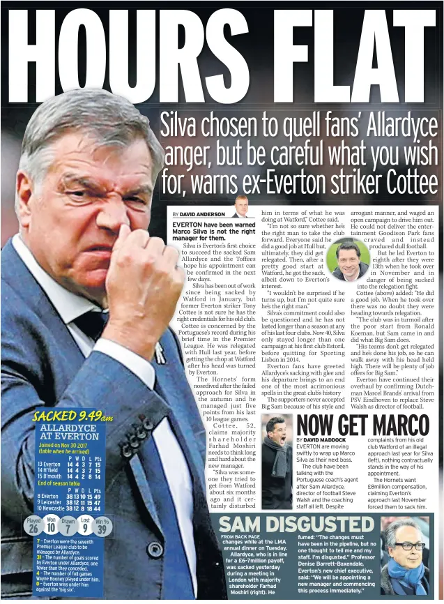  ??  ?? changes while at the LMA annual dinner on Tuesday. Allardyce, who is in line for a £6-7million payoff, was sacked yesterday during a meeting in London with majority shareholde­r Farhad Moshiri (right). He fumed: “The changes must have been in the...