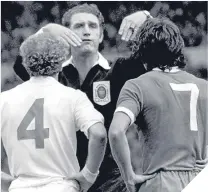  ??  ?? Reg Matthewson sends off Billy Bremner and Kevin Keegan in the 1974 Charity Shield match.