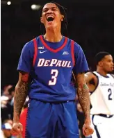  ?? SARAH STIER/GETTY IMAGES ?? Guard Jalen Terry (14 points) reacts after DePaul knocked off Seton Hall in the first round of the Big East Tournament.