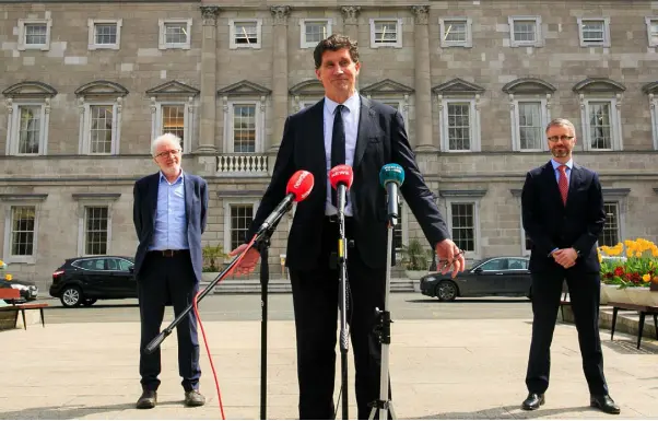  ??  ?? DIFFICULT PROCESS: Green Party TDs Malcolm Noonan, party leader Eamon Ryan and Roderic O’Gorman outside Leinster House. Photo: Gareth Chaney/Collins