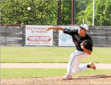  ?? RACHEL WISNIEWSKI — FOR DIGITAL FIRST MEDIA ?? Hatfield-Towmaencin’s Jared Gorman pitches against Souderton during their Bux-Mont American Legion tournament game on Tuesday, July 11, 2017.