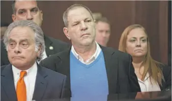  ?? STEVEN HIRSCH- POOL VIA GETTY IMAGES ?? Harvey Weinstein ( center) with attorney Benjamin Brafman ( left) at Weinstein’s arraignmen­t in Manhattan Criminal Court on Friday.