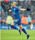  ??  ?? Last gasp: Riyad Mahrez celebrates after scoring Leicester’s injury-time equaliser