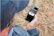  ??  ?? Joshua Gaskamp, technical consultati­on manager and wildlife and range consultant at the Noble Research Institute, checks out the BoarBuster app on his mobile phone.