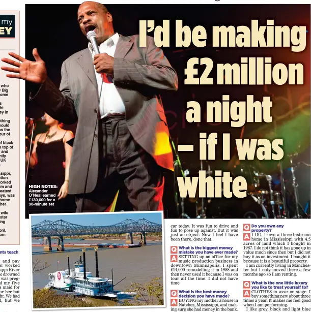  ??  ?? HIGH NOTES: Alexander O’Neal earned £130,000 for a 90-minute set PROMISE: The singer bought his mother a home in Natchez, Mississipp­i