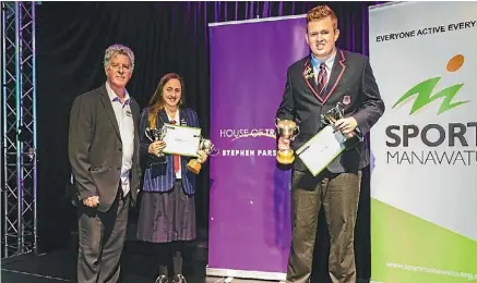  ?? PHOTO: AARON DAVIES/SUPPLIED ?? Manawatu¯ secondary schools sports awards supreme winners Jack Lewer, right, and Mya Rasmussen, with event sponsor Stephen Parsons of House of Travel.