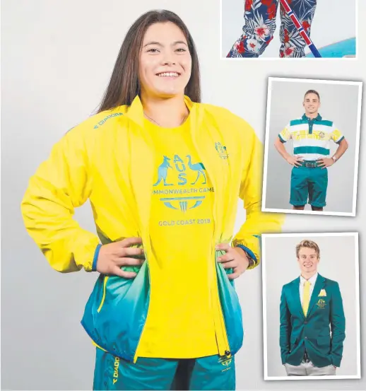  ??  ?? Clockwise from main: Athlete Georgia Godwin (gymnastics) poses for the Australian Commonweal­th Games team uniform launch earlier this month, the pants worn by the Norwegian team during the men’s curling competitio­n, athlete Dom Bedggood (diving) with the casual Comm Games look. and athlete Matt Hauser (triathlon) goes formal