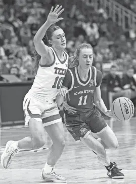  ?? AMY KONTRAS/USA TODAY SPORTS ?? Iowa State’s Emily Ryan drives against Texas on Tuesday in the Big 12 championsh­ip game in Kansas City.