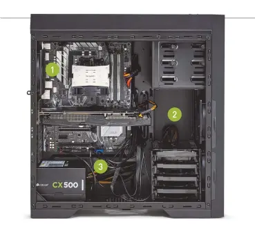  ??  ?? The Antec P9 Window 1
comes with three fans installed by default—one at the rear, which covers the main processor block, and two at the front, behind the drive cages. These set up a good flow of air through the system, and we had no problems with...